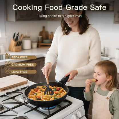 Woman cooking pasta with vegetables in nonstick pan on stove, child eating, toxin-free kitchenware