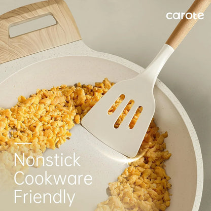 Silicone Cooking Utensils Set, Kitchen Utensils Set 10 Pcs for Cooking, BPA Free Spatula Set with Heat Resistant Wood Handles for Nonstick Cookware (Cream White)