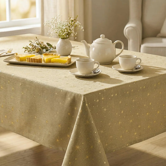 Khaki Rustic Tablecloth, Gold Star Glitter Metallic Foil Table Cloth, 60×84 Inch Rectangular, Washable Stain-Resistant Farmhouse Table Cover for Party Wedding Birthday