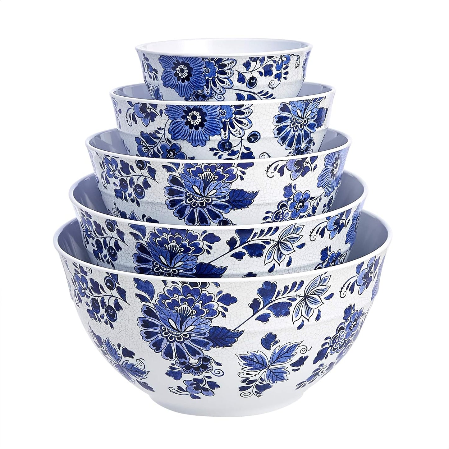 Nesting Melamine Mixing Bowls with Lids and Non-Slip Base, Dishwasher Safe, Space Saving, 5 Sizes, Blue and White Floral, Set of 10