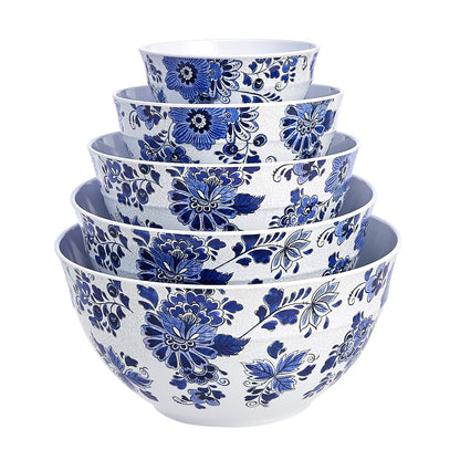 Nesting Melamine Mixing Bowls with Lids and Non-Slip Base, Dishwasher Safe, Space Saving, 5 Sizes, Blue and White Floral, Set of 10