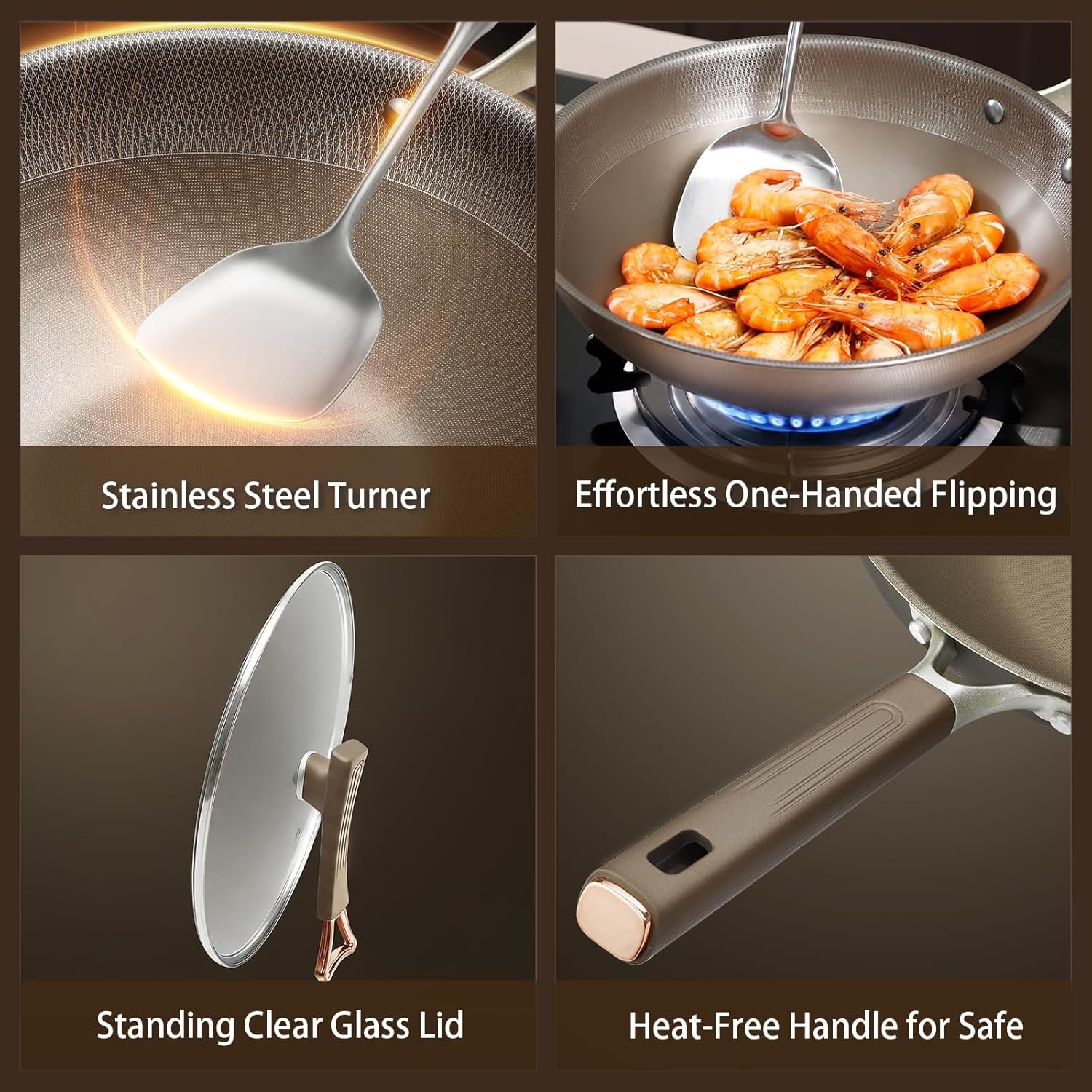 13 Inch Titanium Wok Pan with Lid - Non Stick Frying Pan, Extended Cool-Touch Handle, PFAS/PFOA/PTFE Free Flat Bottom Wok, Dishwasher Safe, Works on All Stovetops Including Induction