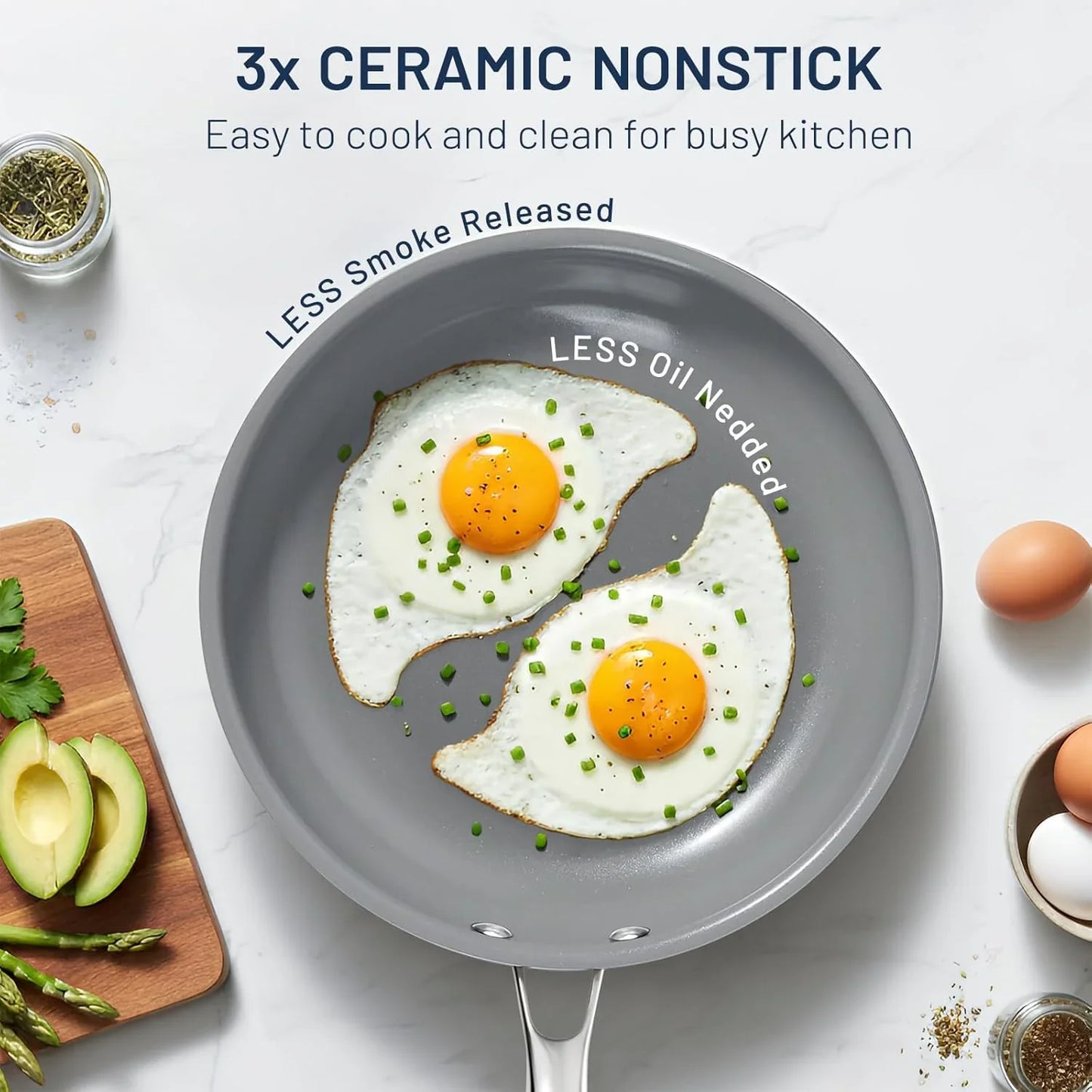 Non Stick Frying Pans, 3 Pack Ceramic Frying Pan for Cooking, 8+9.5+11 Inch Omelette Pans Set with Stay Cool Handle, Induction Ready, Free of PFAS PFOA PTFE, Oven/Dishwasher Safe