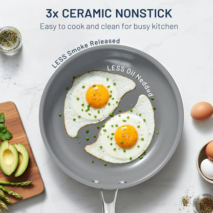 Non Stick Frying Pans, 3 Pack Ceramic Frying Pan for Cooking, 8+9.5+11 Inch Omelette Pans Set with Stay Cool Handle, Induction Ready, Free of PFAS PFOA PTFE, Oven/Dishwasher Safe