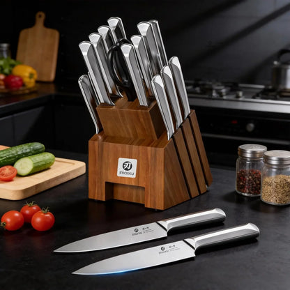 Knife Set, Kitchen Knife Set with Block & Sharpener, 16PCS Japanese High Carbon Stainless Steel Ultra Sharp Knife Block Set, Ergonomic Non-Slip Handle, Dishwasher Safe, Perfect Gifts