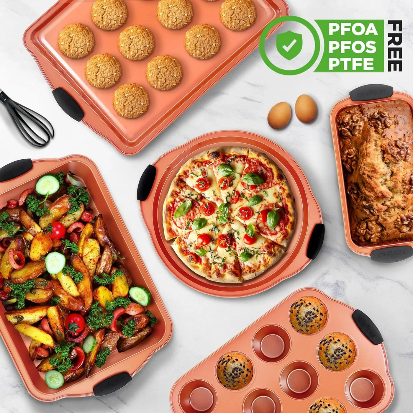 10-Piece Nonstick Baking Pans Set – Bakeware Sets for Cookies, Cakes, & Roasting - Bakeware Includes Cookie Sheet, Muffin Pan, Cake Pan, & Pizza Pans