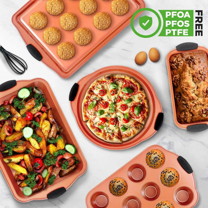 10-Piece Nonstick Baking Pans Set – Bakeware Sets for Cookies, Cakes, & Roasting - Bakeware Includes Cookie Sheet, Muffin Pan, Cake Pan, & Pizza Pans