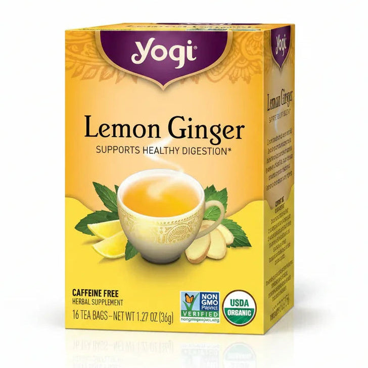 Yogi Lemon Ginger tea box, caffeine-free, organic, supports healthy digestion, 16 tea bags