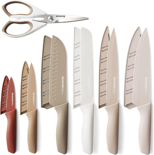 Knife Set, 13 Pieces Kitchen Knives Set with Healthy Anti-Rust Coating, Dishwasher Safe, Stainless Steel Chef Knife Sets with 6 Blade Guards, Perfect Holiday Gifts for Kitchen