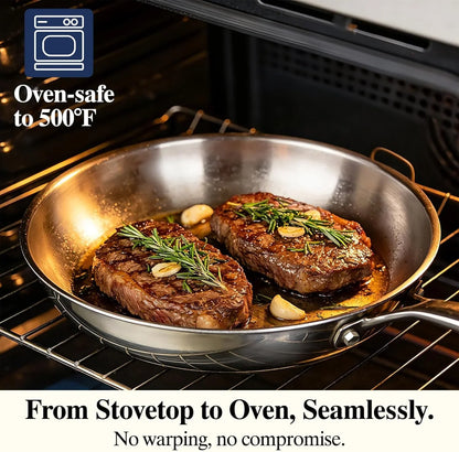 Stainless Steel Frying Pan Set with Lid, 3Pcs Skillet Set (Includes 8",10",12") - 5 Ply Stainless Clad - Heavy Duty & Professional Cookware Set, Fast & Even Heat, Dishwasher and Oven Safe
