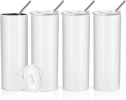 Sublimation Blanks Skinny Tumbler White 20 OZ Straight Stainless Steel with Metal Straw for Mug Tumbler Heat Press Machine Sublimation Printing 4 Pack