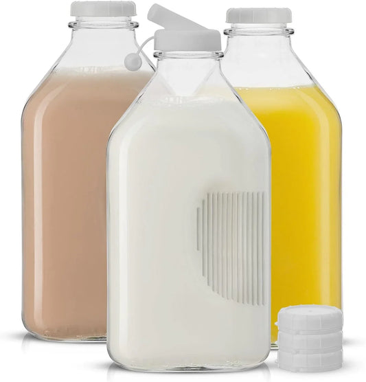 Glass Milk Bottles with Lids and Pourer – 64 Oz, 3 Pack Airtight Heavy Duty Reusable Glass Bottles, Leakproof, Bpa-Free, Food Grade, Dishwasher Safe Jug, Pitcher for Milk, Juice, and Water