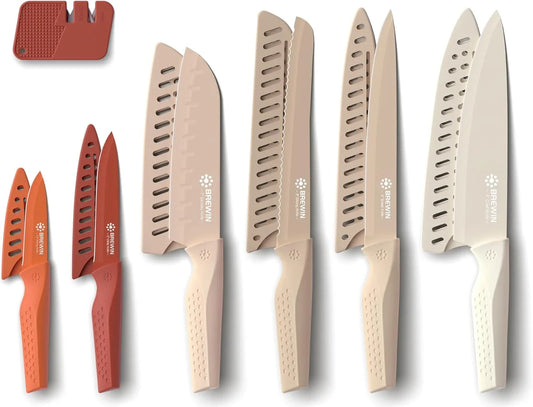Knife Set, 13 Pieces Kitchen Knives Set with Sharpener, Anti-Rust Coating and Blade Guard, Home Essentials, Camping Essentials - Muliticolor