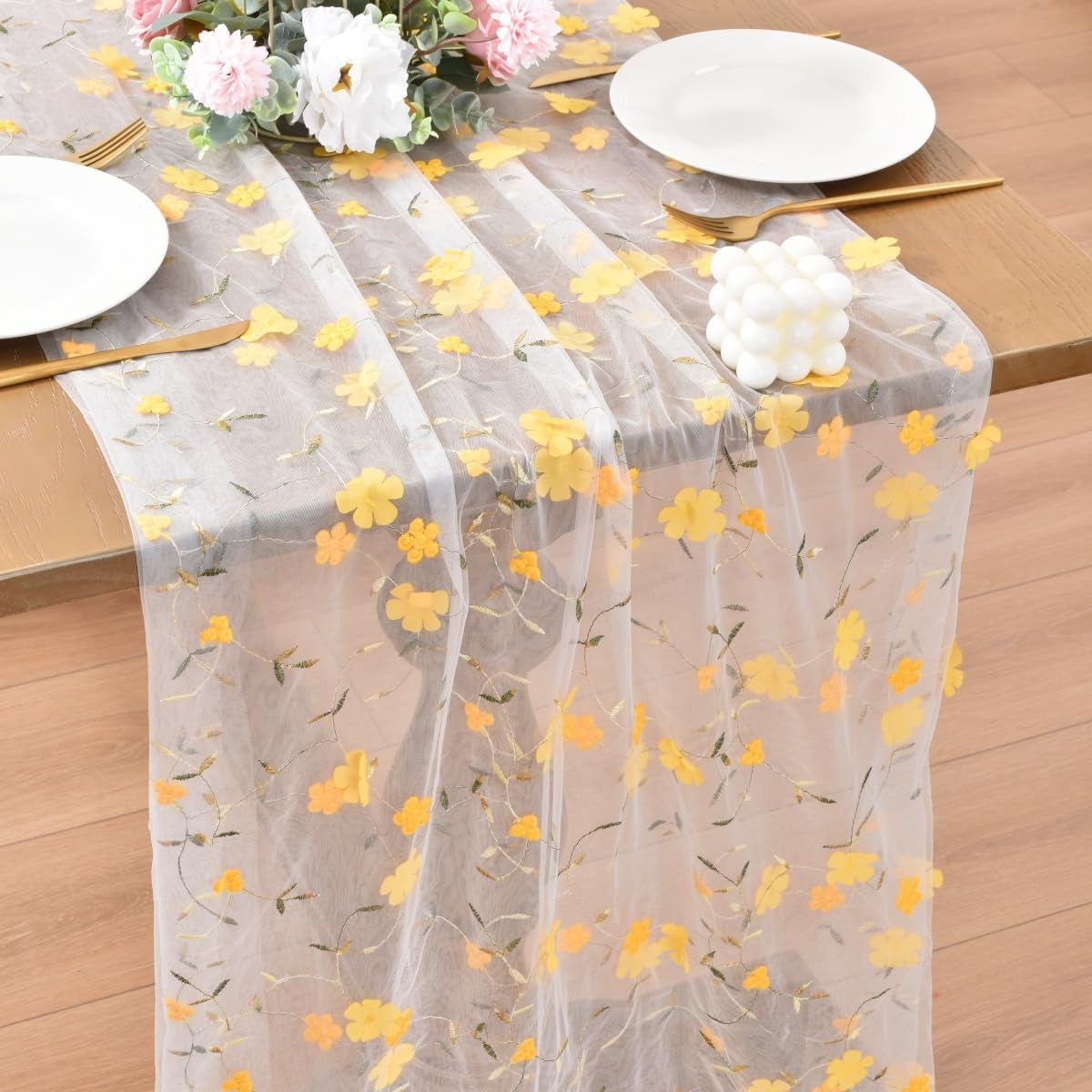 Yellow Embroidery Floral Easter Table Runner 10FT Seasonal Rustic Tulle Table Runner for Spring Summer Wedding Party Decoration Baby Shower DIY Craft