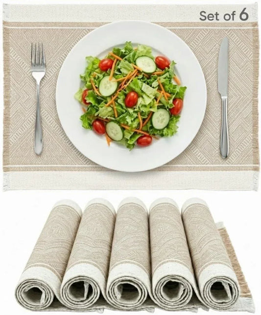 Placemats Set of 6, Fabric Placemats for Dining Table, Woven Polyester Place Mats with Fringe, Machine Washable, Khaki Geometric Table Mats, Modern Table Decor, Housewarming Gift