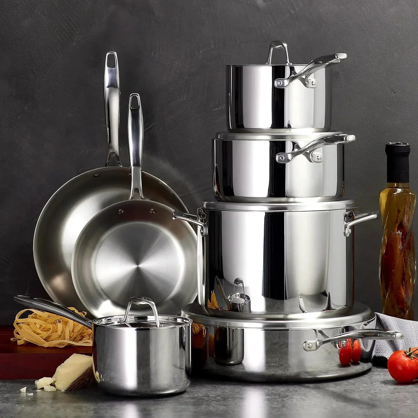 Stainless steel cookware set with pots, pans, and lids for everyday cooking and kitchen organization