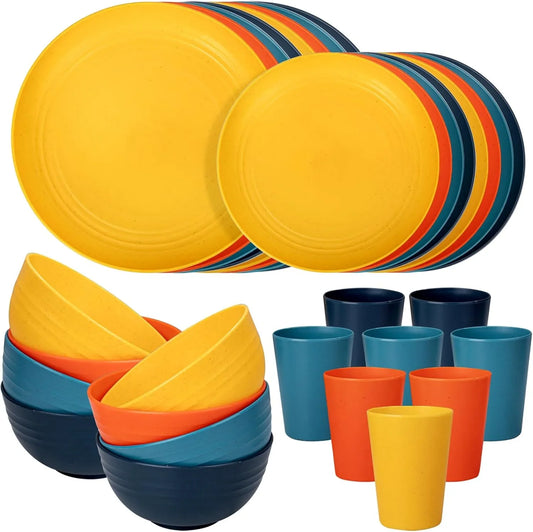 32Pcs Wheat Straw Dinnerware Sets,Plastic Plates and Bowls Sets for 8 Unbreakable Plates and Bowls Sets Dishwasher Safe Microwave Safe Fun Colors Perfect for Cooking Family Camping Picnics