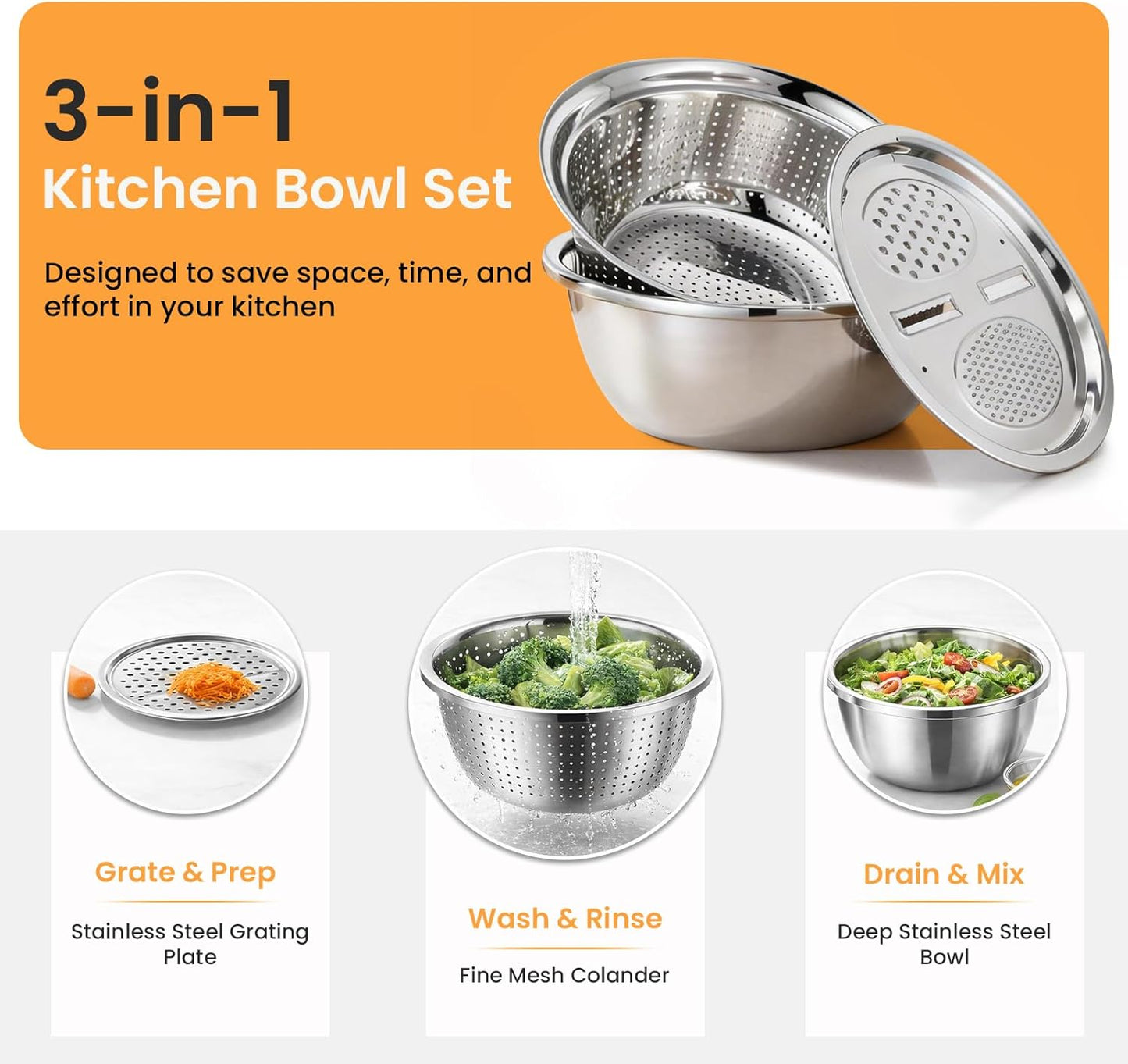 Mixing Bowls Stainless Steel Set, Germany Multifunctional Shredding Chopping Basin with Kitcgrater, Colander, Food Strainers (9.4In(24Cm))