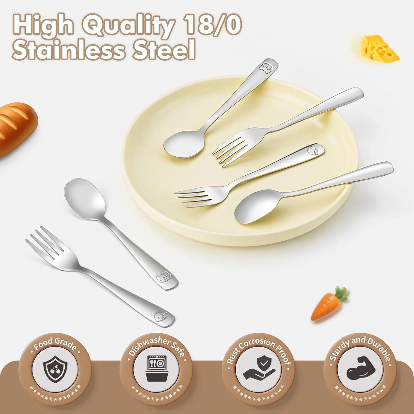 Stainless Steel Toddler Utensils Set - 12 Pieces Kids Silverware Set Children Safe Food Grade Small Forks and Spoons Dishwasher Safe Mirror Polished