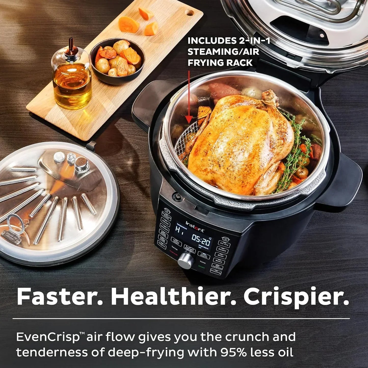 Instant Pot with roasted chicken, steaming rack, and side veggies on wooden board for healthy air frying