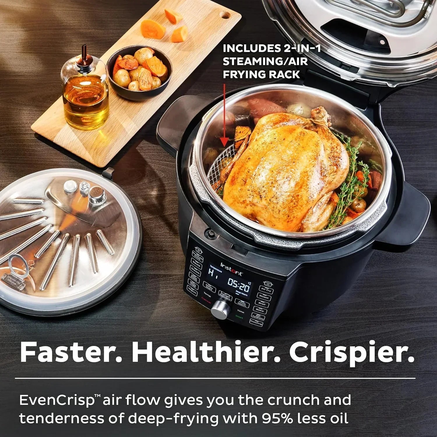 Instant Pot with roasted chicken, steaming rack, and side veggies on wooden board for healthy air frying