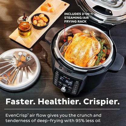 Instant Pot with roasted chicken, steaming rack, and side veggies on wooden board for healthy air frying