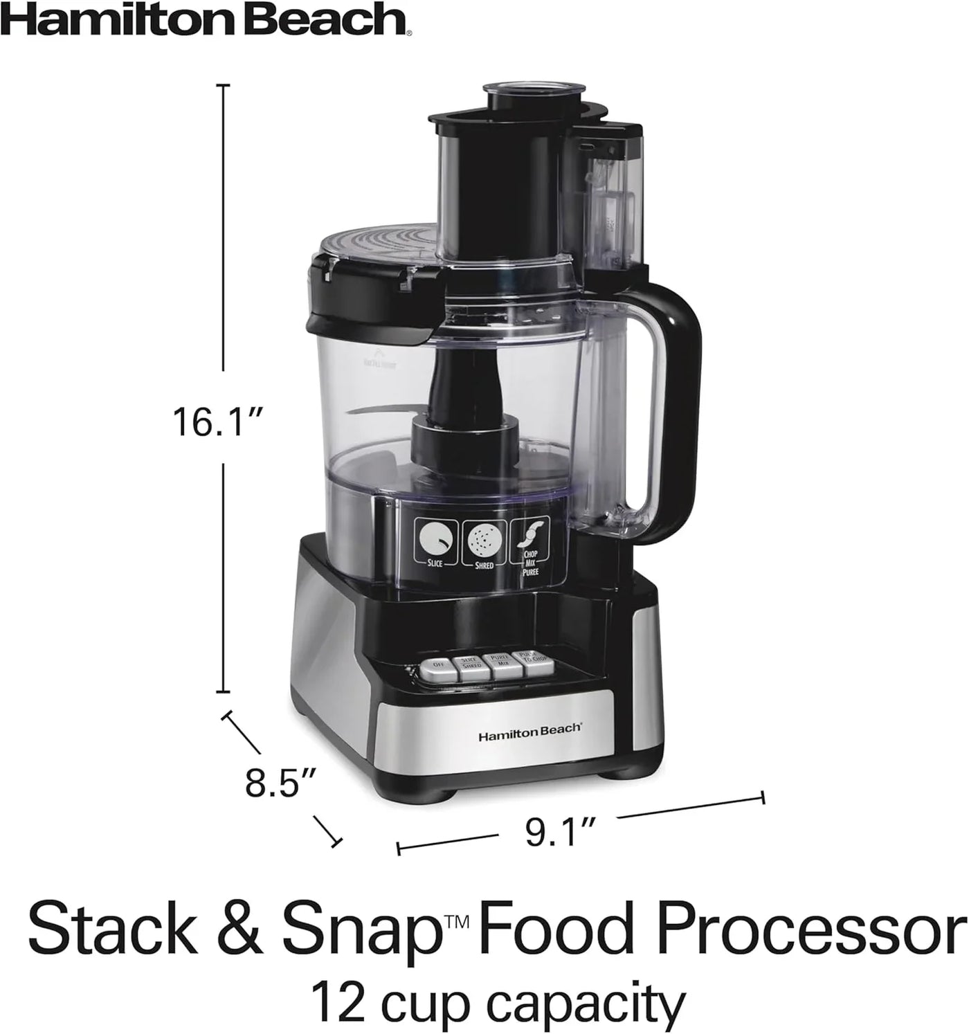 Stack & Snap Food Processor and Vegetable Chopper, BPA Free, Stainless Steel Blades, 12 Cup Bowl, 2-Speed 450 Watt Motor, Black (70725A)