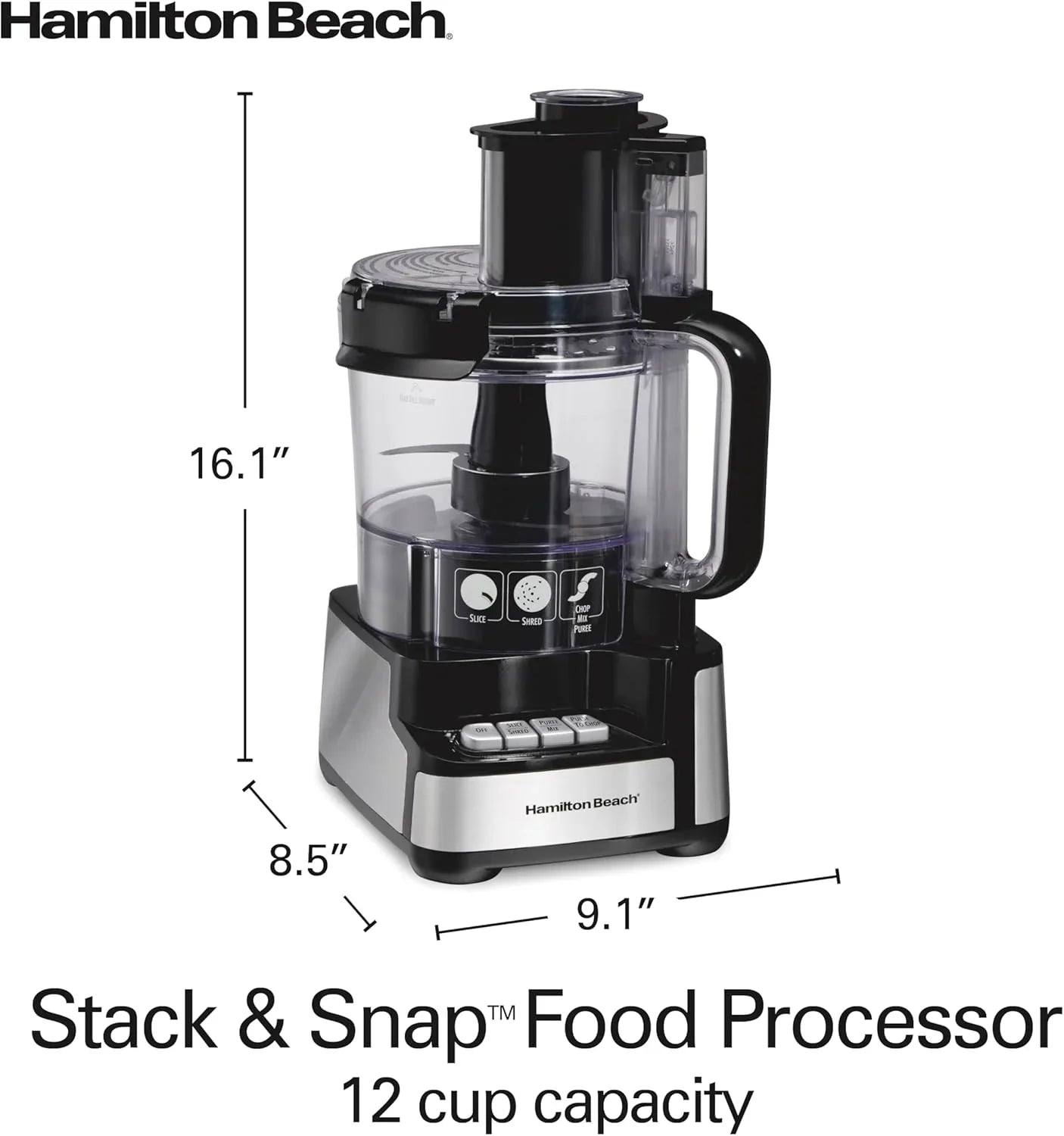 Stack & Snap Food Processor and Vegetable Chopper, BPA Free, Stainless Steel Blades, 12 Cup Bowl, 2-Speed 450 Watt Motor, Black (70725A)