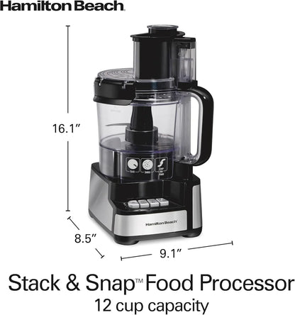 Stack & Snap Food Processor and Vegetable Chopper, BPA Free, Stainless Steel Blades, 12 Cup Bowl, 2-Speed 450 Watt Motor, Black (70725A)