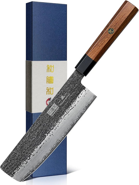 7 Inch Nakiri Knife, Japanese High Carbon Steel Vegetable Cleaver Knife, Professional Meat Vegetable Chef Knife with Ergonomic Rosewood Handle
