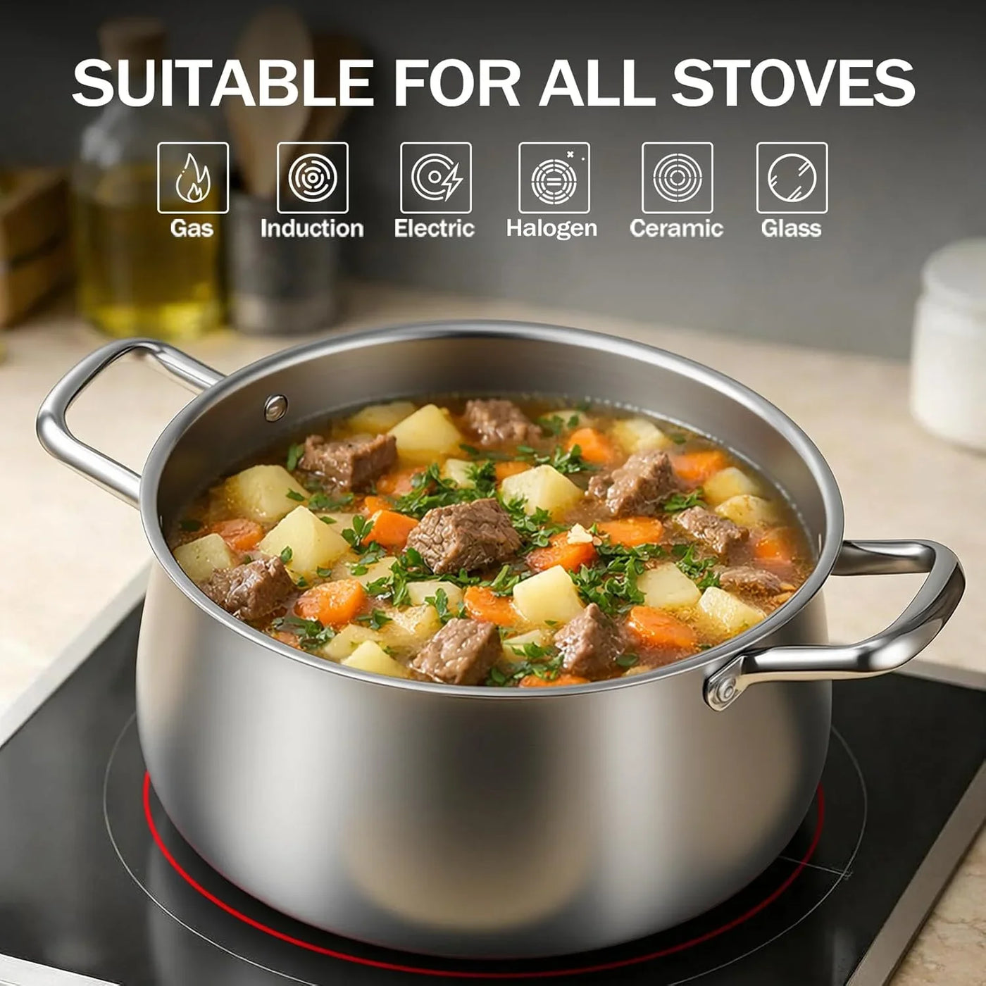 Stainless Steel Stock Pot - 8 Quart 3Ply Heavy Duty Large Induction Cooking Pot with Lid for Pasta, Soup, Spaghetti, Nonstick Deep Stockpot, Kitchen Cookware for Stew, Simmer, Canning, Boiling