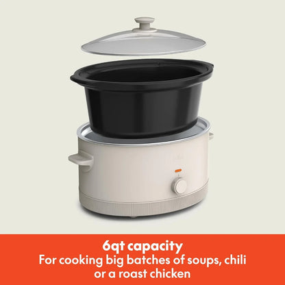 6.0 Qt Manual Slow Cooker, Ceramic Nonstick Coating, 3 Temperature Settings, Dishwasher Safe Stoneware Pot and Tempered Glass Lid, Cool Touch Handles & Tangle Free Cord Wrap, Oatmilk