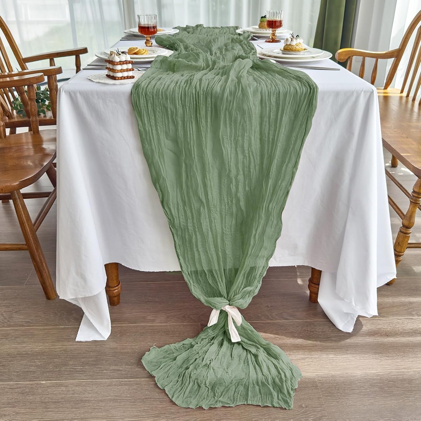 2 Pcs Cheesecloth Table Runner - 10Ft Sage Green Easter Decor Boho Gauze Cheese Cloth Table Runners for Baby Shower Decorations Wedding Party Spring Garden Farmhouse