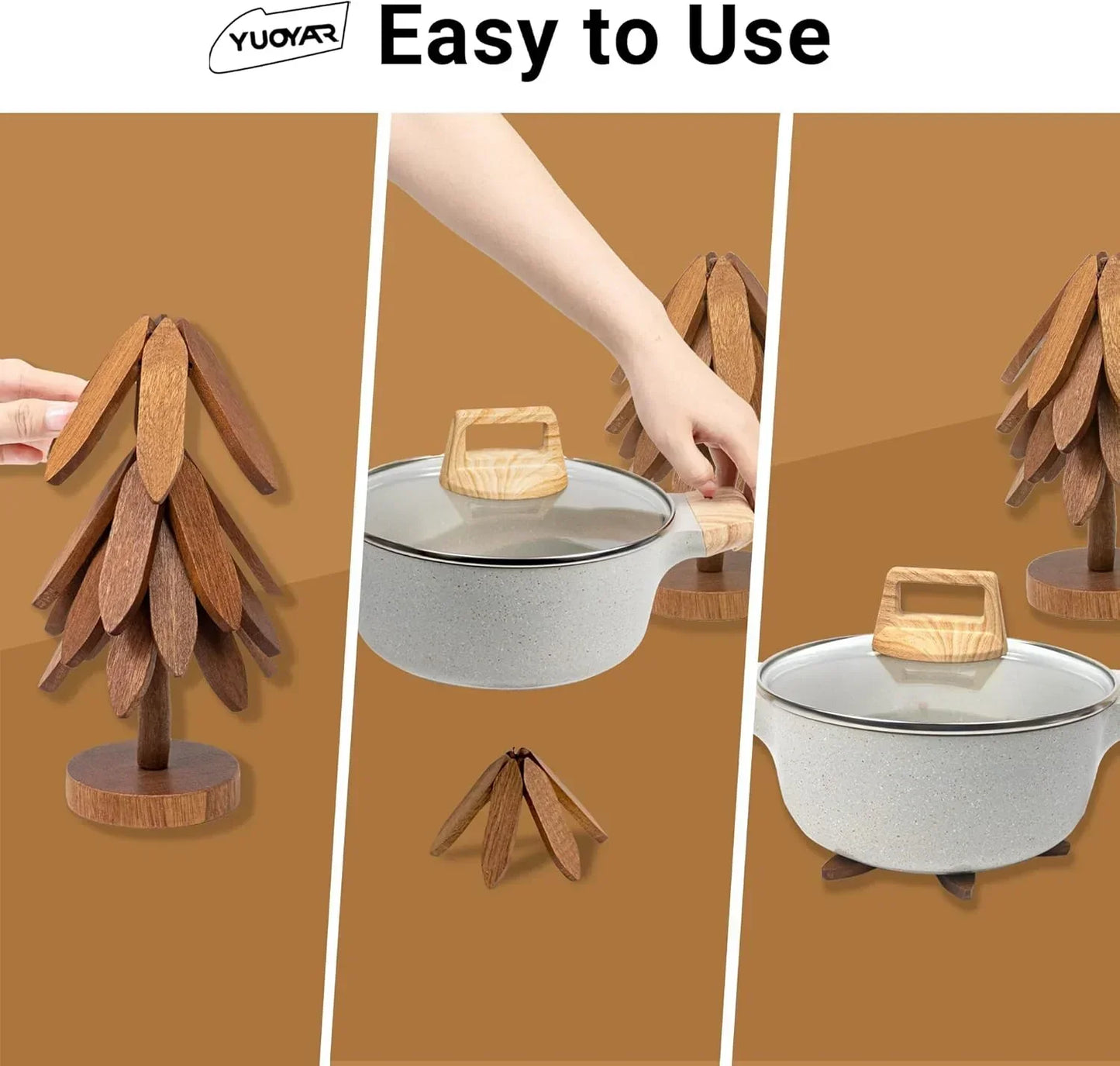 Wooden pot stand with tree design, easy to use for kitchen cookware storage and organization