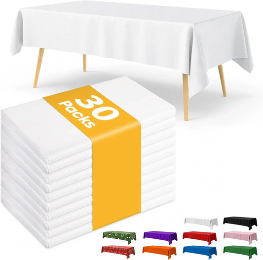 White Plastic Table Cloth - 30 Pack 54" × 108" Rectangle Disposable Tablecloths for 6FT Tables, Waterproof Table Cover for Party, Holiday & Gathering Use