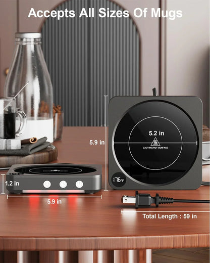 Smart mug warmer with digital temp display, fits all mug sizes, 5.9-inch base, 176°F heat, kitchen countertop use