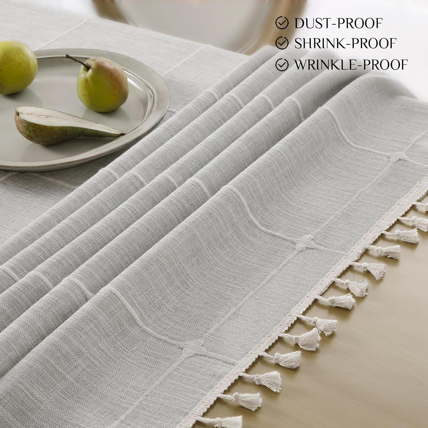 Outdoor Tablecloth Rectangle, Waterproof Linen Cotton Farmhouse Table Cloths with Tassel, Heavy Weight Wrinkle Free Boho Table Cover for Picnic Camping Dining - 55 X 70 Inch, Grey Plaid