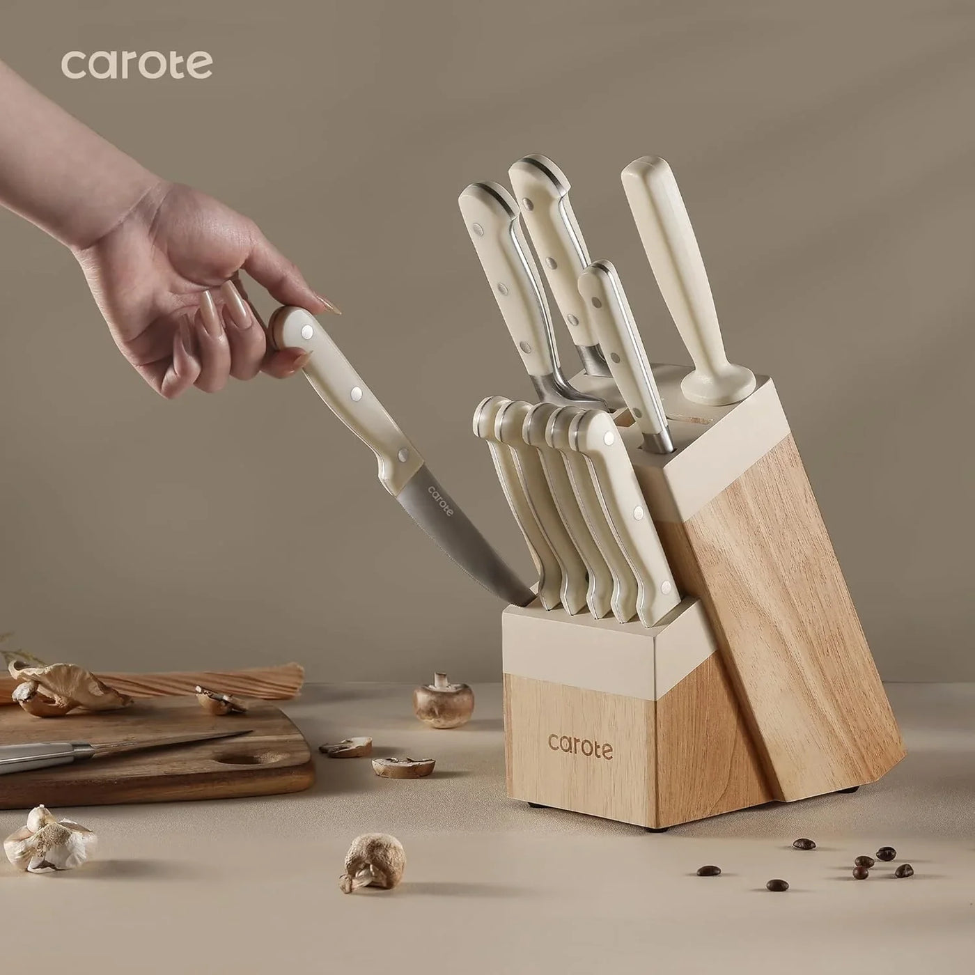 14 Pieces Knife Set with Block, Forged, High Carbon Stainless Steel Sharp Blade Block Knife Set, Dishwasher Safe Cutlery, Cream