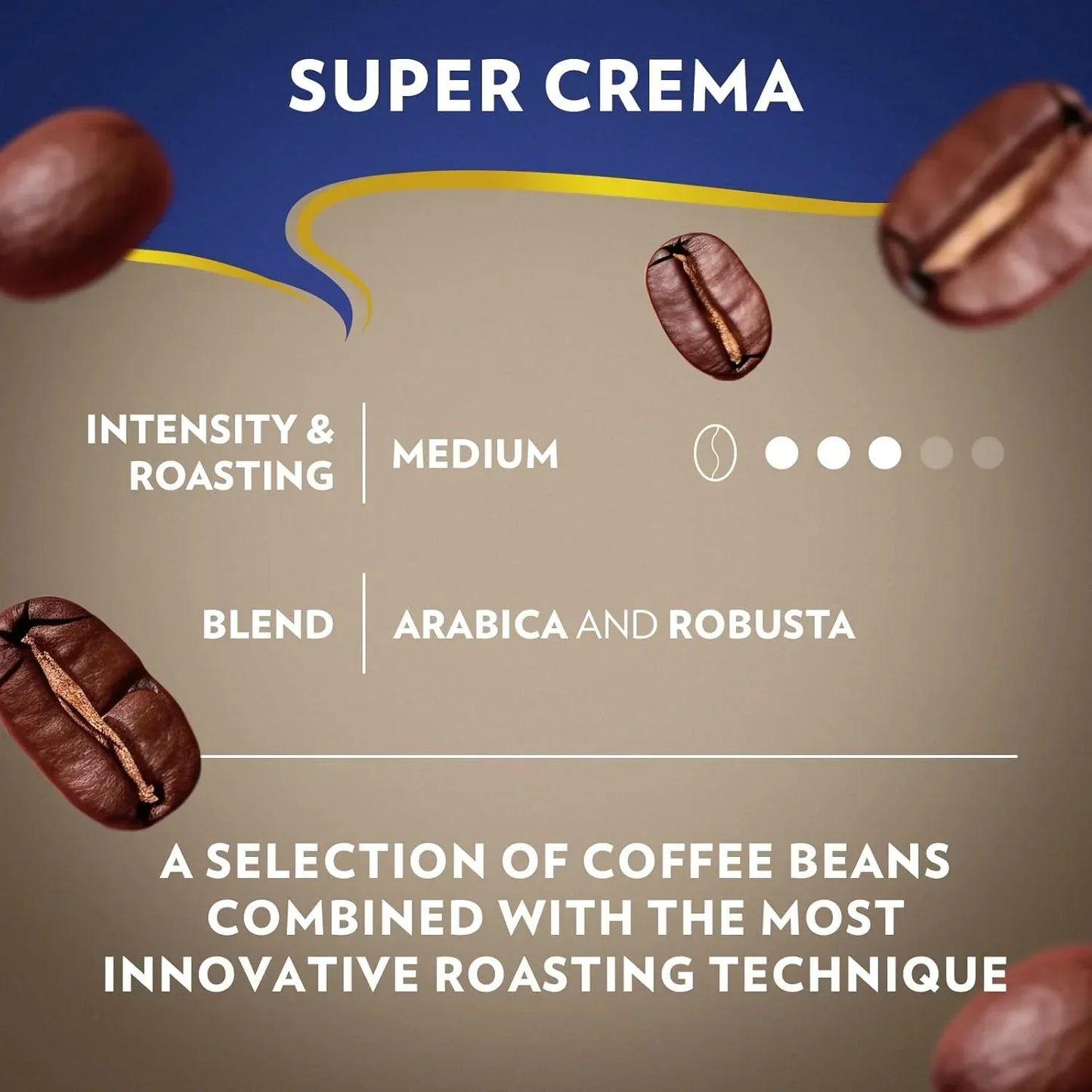 Super Crema coffee beans: medium roast Arabica and Robusta blend with innovative roasting technique