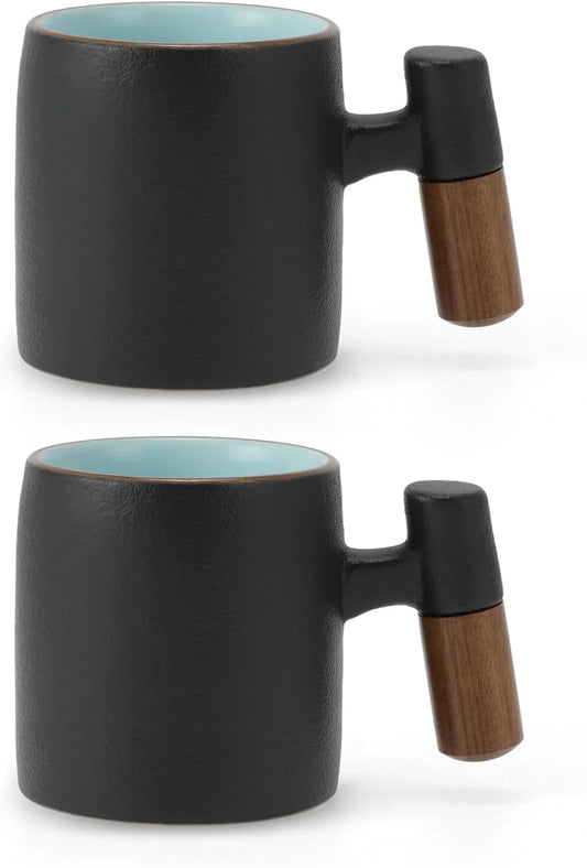 2.5Oz Ceramic Espresso Cups with Wooden Handle, Porcelain Espresso Shot Cups Set of 2, Demitasse Cups for Coffee or Tea, Black
