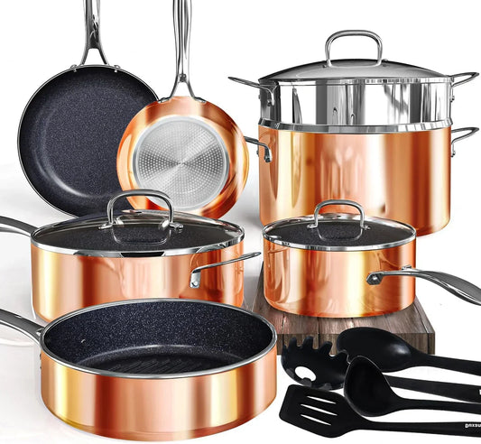 Copper cookware set with nonstick pans, pots, lids, and kitchen utensils for everyday cooking