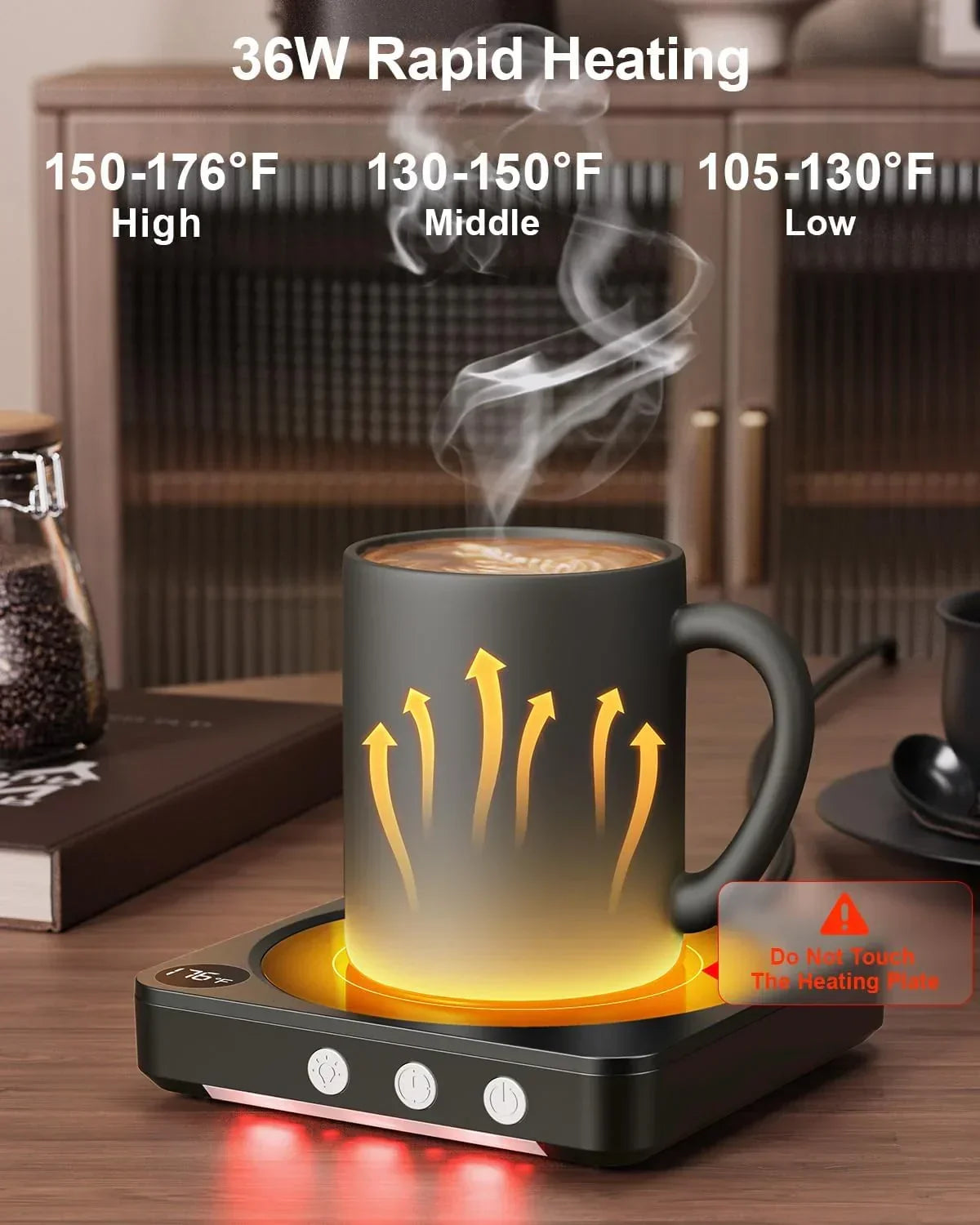 36W rapid heating mug warmer with 3 temp settings, glowing base, steam rising from mug