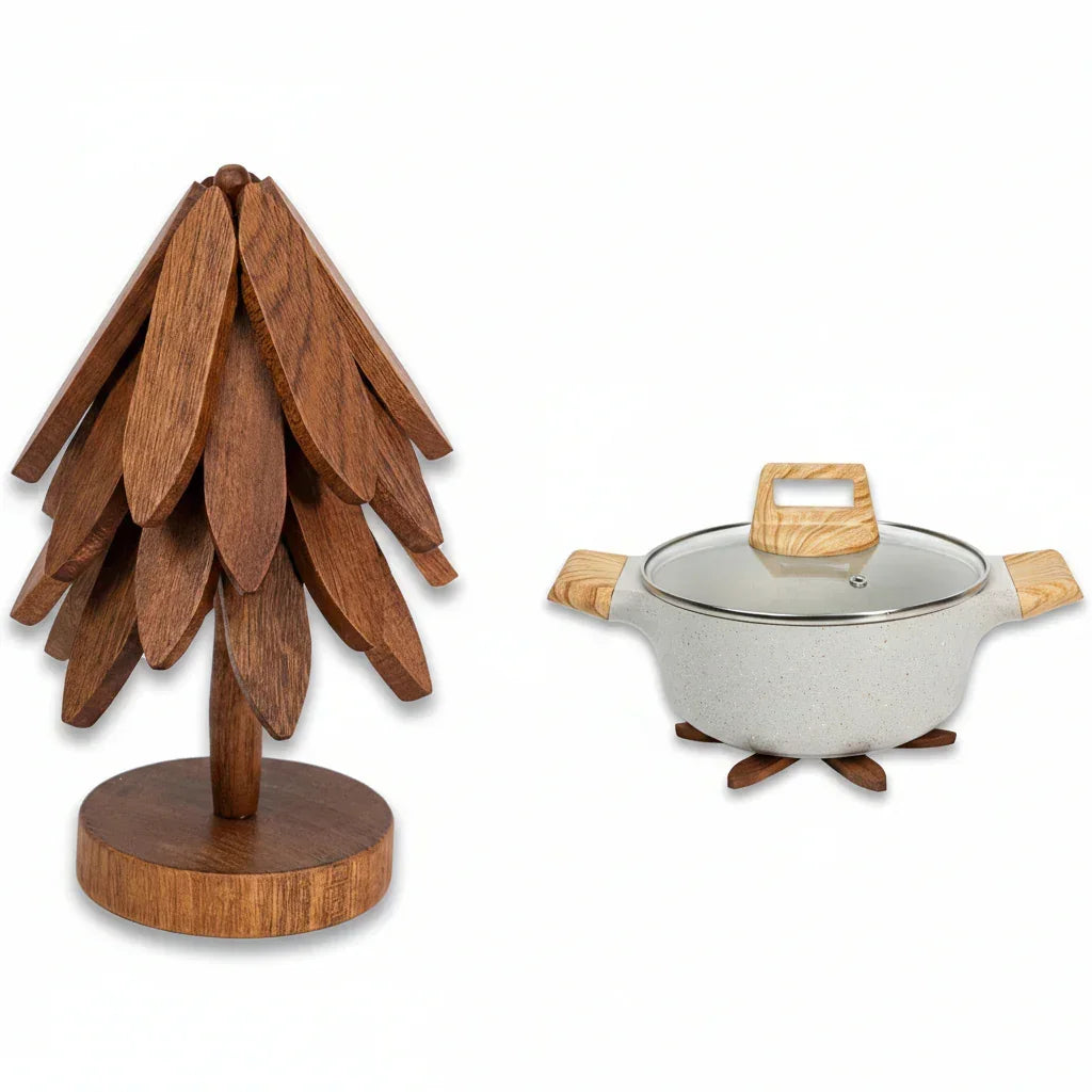 Wooden Christmas tree decor and ceramic cookware with wood handles for kitchen organization and festive styling