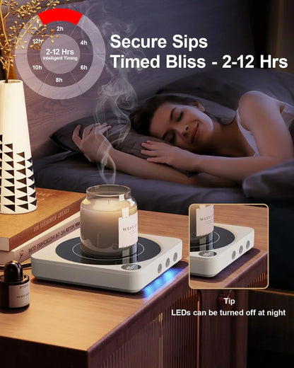 Smart candle warmer with timed bliss, 2-12 hours, LED lights, and secure sips for cozy nights