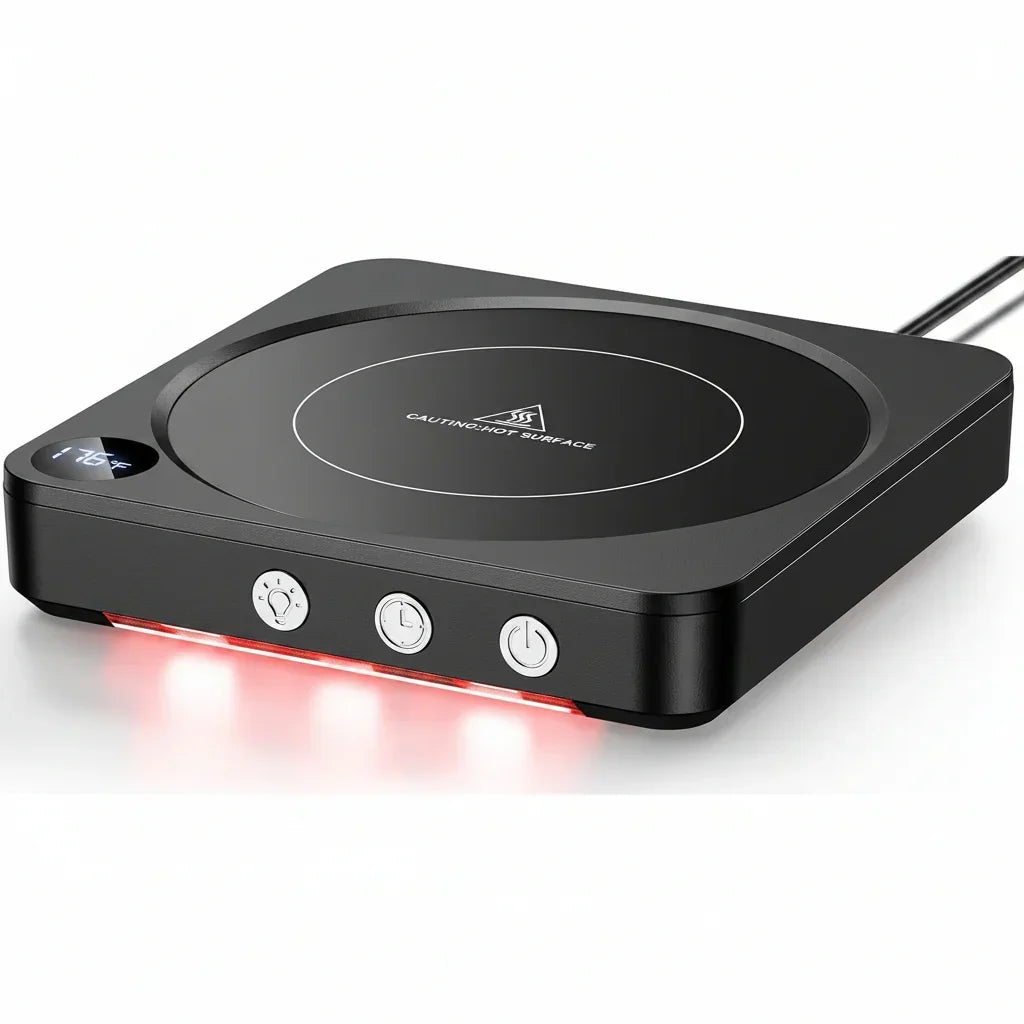 Black portable induction cooktop with digital temp display, red glow, and control buttons for kitchen cooking