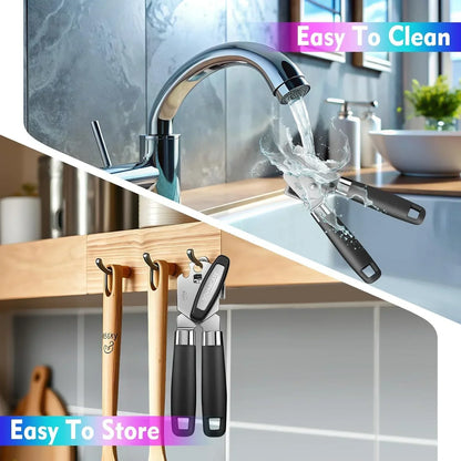 Easy-to-clean stainless steel can opener with black handles, hanging for storage in modern kitchen