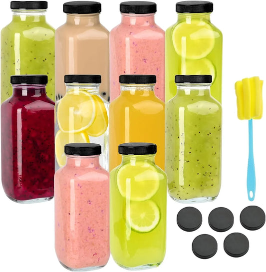 10 Pack 16Oz Glass Juice Bottles with Lids - Reusable Juicing Bottles Glass Drinking Jars Containers with Airtight Lids & Cleaning Brush - Perfect for Juicing,Milk,Kombucha, and Storage