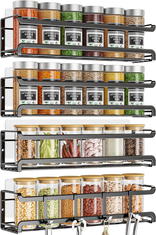 Spice Rack Wall Mounted 4 Pack,Space-Saving Spice Organizer for Spice Jars and Seasonings,Screw or Adhesive Hanging Spice Rack Organizer for Your Kitchen Cabinet,Pantry Door,11.41X2.75X2.75In