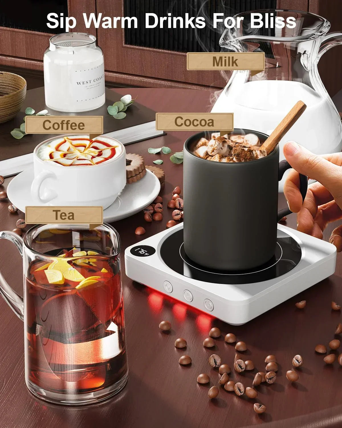 Electric mug warmer with coffee, tea, cocoa, and milk on kitchen counter for cozy drinks