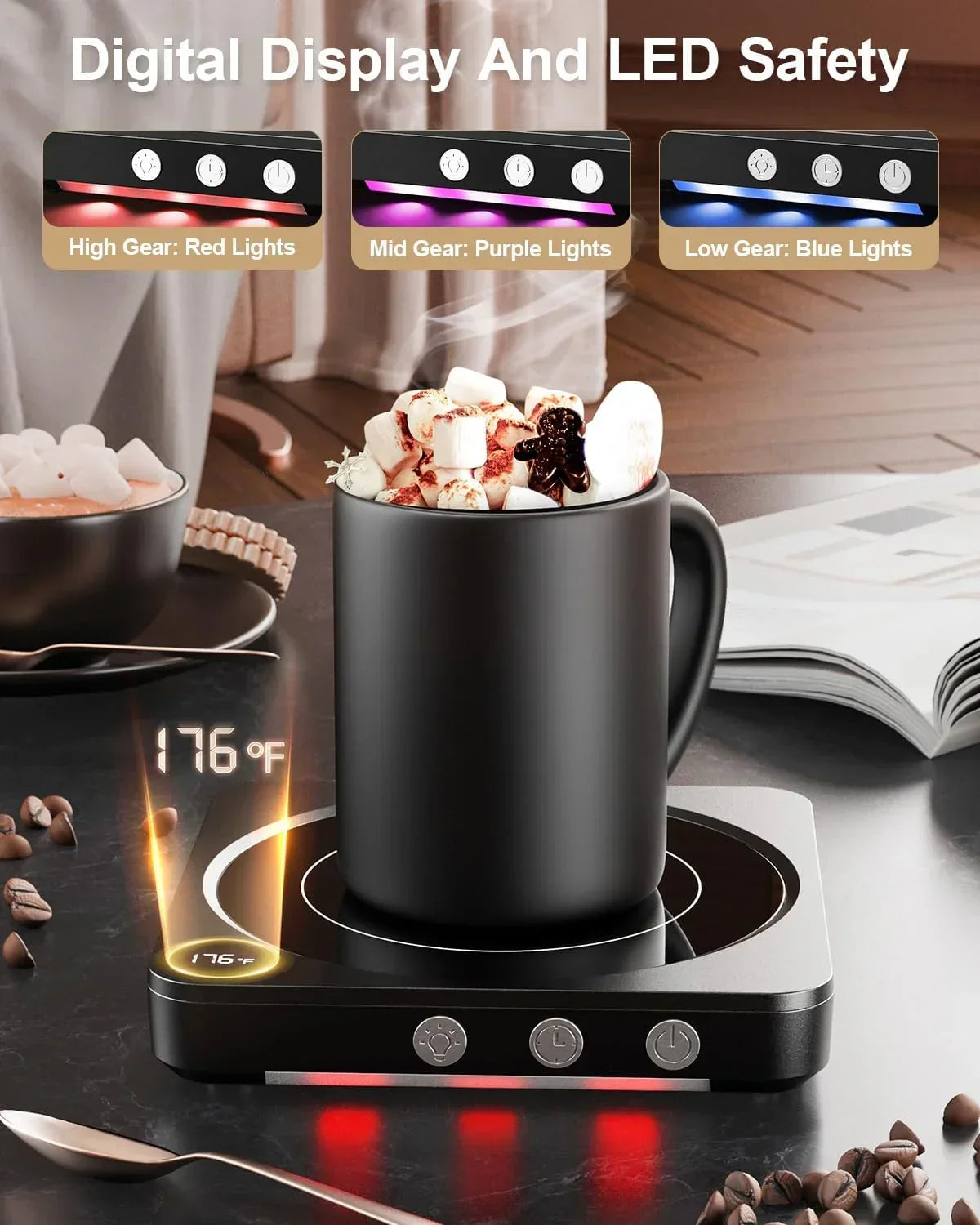 Smart mug warmer with digital temp display and LED safety lights for hot beverages